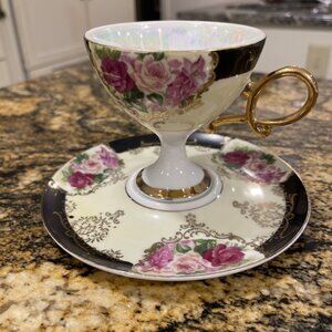 Vtg‎ Shaffied China Pedestal Iridescent Teacup & Saucer  Hand Painted Japan 50’s